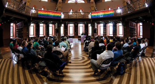 LIVE.C_Lavendar.jpg Rainbow banners enliven Chancellor Green at the May 9 “lavender graduation” for lesbian, gay, bisexual, and transgender students.