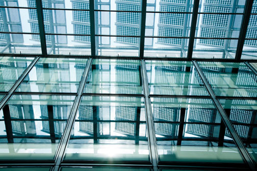 Solar panels on the roof can be seen in this view from the atrium.