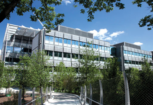 A view across the newly opened Streicker Bridge toward Frick Chemistry Lab. The building was designed by Hopkins Architects of London in collaboration with Payette Associates of Boston.
