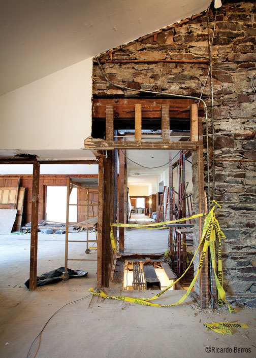 A first floor view of renovations under way at Cannon Dial Elm Club. The stairwell at center is being removed.