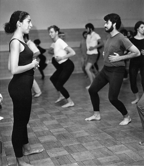 Dance professor Ze’eva Cohen, with a 1969 dance class and, below, in 2003.