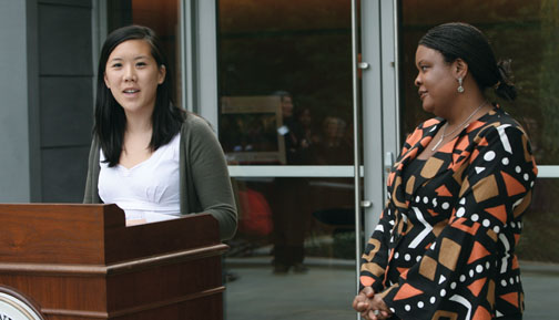 Fields Center board member Dora Chua ’10 describes “a sense of rejuvenation” as director Makeba Clay looks on.