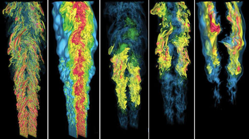 Understanding the fundamentals of combustion could aid the design and development of clean-burning fuels and engines. These images, from Sandia National Laboratories, show a computer simulation of flames produced by a jet of gas of the sort used in fuel-i