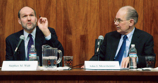 Stephen Walt, left, makes a point in Dodds Auditorium as co-author John Mearsheimer looks on during a heated discussion of the pair's controversial book on the "Israel lobby."