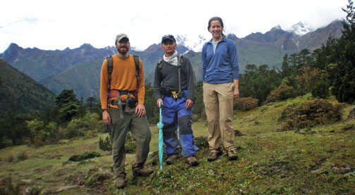 From left, graduate students Sean Long and Tobgay and assistant professor Nadine McQuarrie traveled to Bhutan last fall to survey the geologic history of the Himalayas.