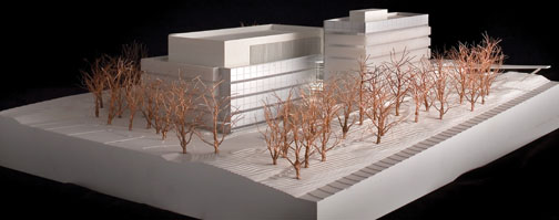 Architect’s model of a new building to house the Neuroscience Institute, left, and the psychology department.