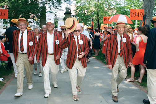 LIVE.R-BKS46_305clip2.jpg From left, Paul Spagnoli ’46, Owen Roberts ’46, Alan Lukens ’46, and Gerry Phillips ’46 walk the P-rade route at their 65th reunion, their last before joining the Old Guard.