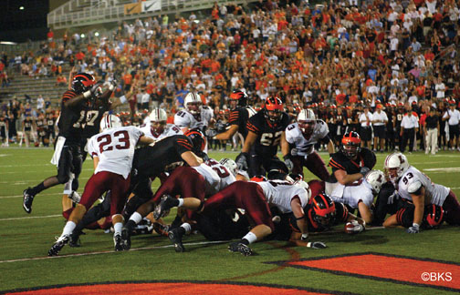 Jordan Culbreath '11, in foreground, reaches across for the winning touchdown against Lafayette Sept. 25.