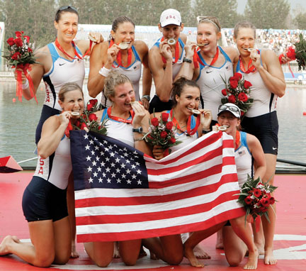 Caroline Lind '06, standing second from right, celebrates with members of the U.S. women’s eight after the team won the gold medal at the Beijing Olympics Aug. 17.