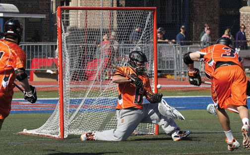  Tyler Fiorito ’12 has been solid in goal, but Princeton’s offense has not kept up with top opponents.