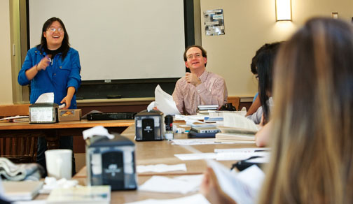 Emilly Zhu &rsquo;13 presents her work to Katz and classmates in December.