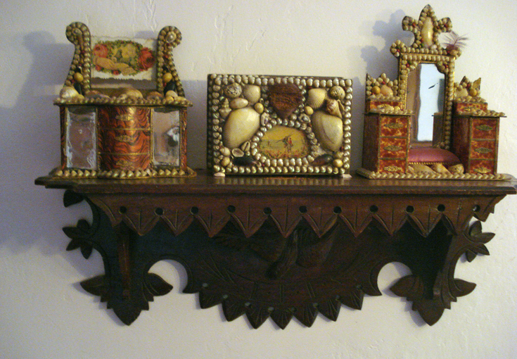 The antique Eastlake shelf is from an Ohio seller. The three Victorian shell art seaside souvenirs are from different sellers.
