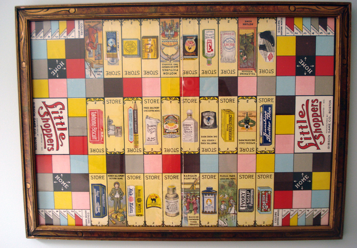 Lefevre put this 1915 Little Shoppers game board in an old frame to hang on the wall. 