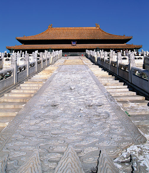 Researchers speculate that the Large Stone Carving (between the stairs) at Beijing’s Forbidden City was hauled along an ice-slicked roadway.