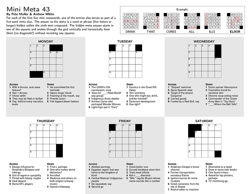 This is an image of a mini meta crossword puzzle; it looks like six small crossword puzzles.