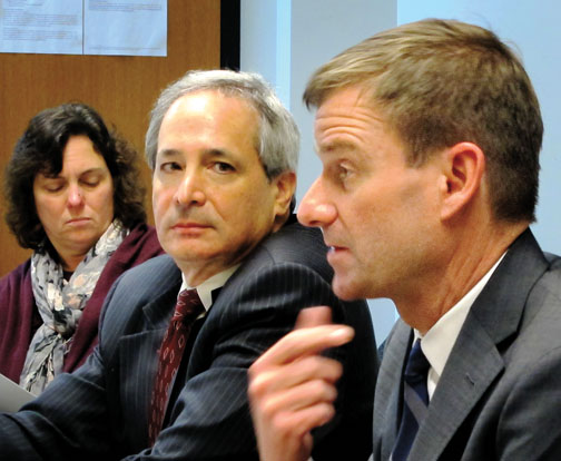 U.S. envoys Michael Yaffe, center, and David Hale ­during a presentation by Wilson School grad students. At left is Karen McGuinness *85, WWS associate dean.