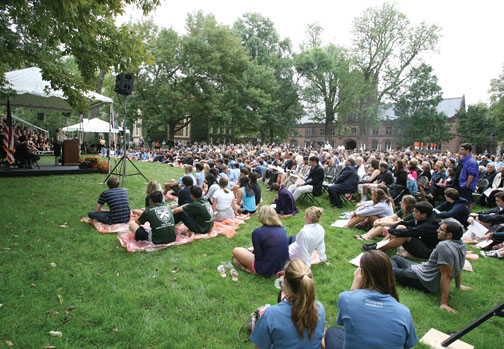 President Tilghman addresses freshmen and other members of the Princeton community at a Gathering of Remembrance Sept. 11 on Cannon Green.