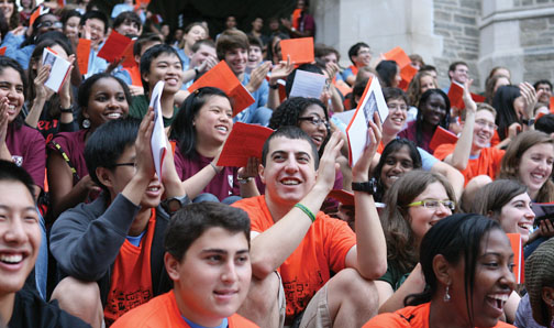 High spirits are on display as the Class of ’15 learns Princeton cheers and songs during the freshman Step Sing.