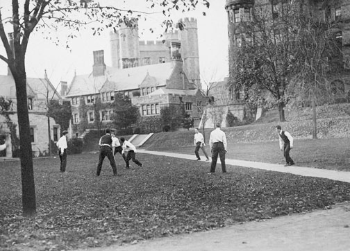 NB_DigiLibrary0199.jpg Students play a game of ball behind Witherspoon Hall, circa 1930–50