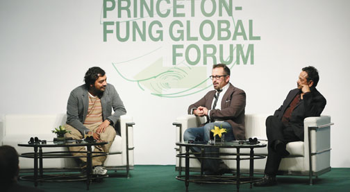 Filmmakers Andrew Jarecki '85, center, and Anurag Kashyap, left, with Princeton professor Gyan Prakash during the University’s first global forum in Shanghai.