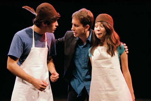 From left, Tyler Lawrence ’16, Mikhail Tikhonov GS, and Remi Yamazaki ’14 perform in Molière’s “L’Ecole des Femmes,” staged by the campus group L’Avant-Scène.