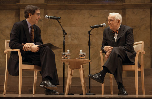 NB_Stevens_1.jpg Former Supreme Court Justice John Paul Stevens, right, is questioned by Provost Christopher Eisgruber '83, one of Stevens’ former law clerks, during an October 2011 conversation in Richardson Auditorium.