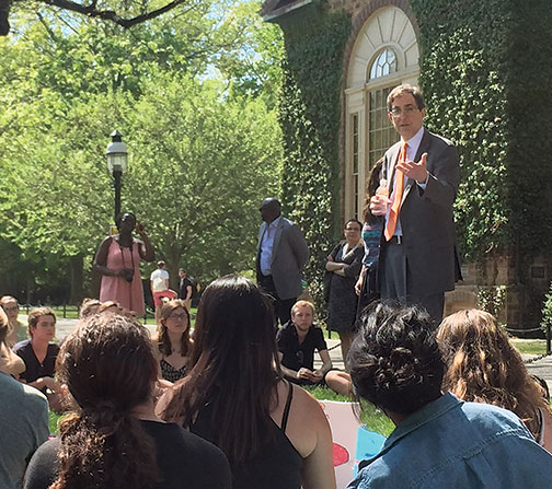 President Eisgruber ’83 addresses a May teach-in by “ban the box” advocates.