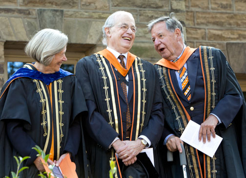 Sharing a lighter moment at the installation were former Princeton presidents Shirley Tilghman, Harold Shapiro *64, and William Bowen *58.