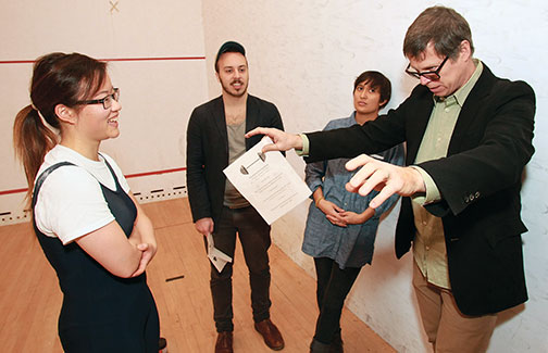 Joe Scanlan, far right, critiques a performance by Emily Chang ’16, far left, for a class called “Extraordinary Processes.” Gerardo Veltri ’15 and Damaris Miller ’15 look on.