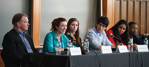 Taking part in an Alumni Day forum were, from left: Hap Cooper ’82, Tiger Inn grad board president; Lucia Perasso ’16, Terrace Club president; Sydney Kirby ’15, former vice president of Cannon Club; Joe Margolies ’15, Interclub Council president; 