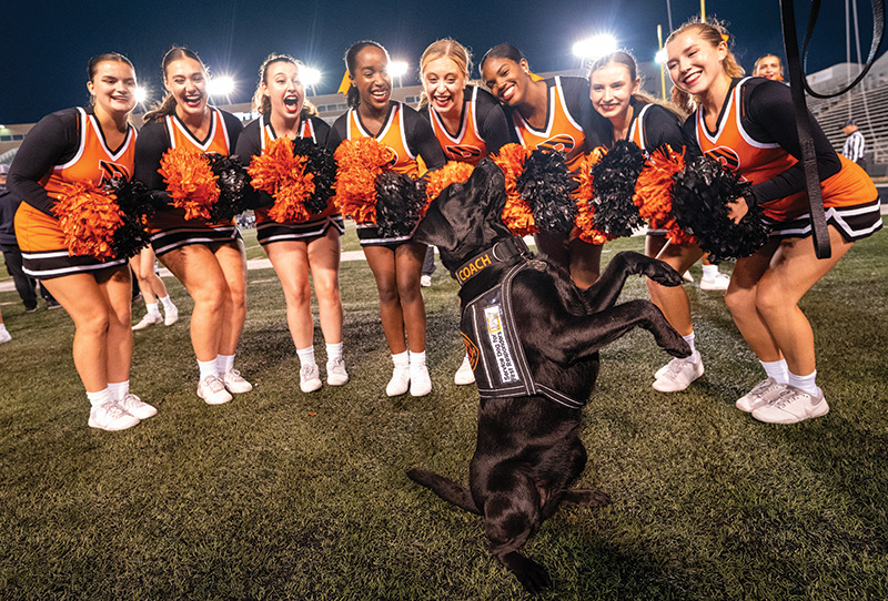 Coach the dog with cheerleaders