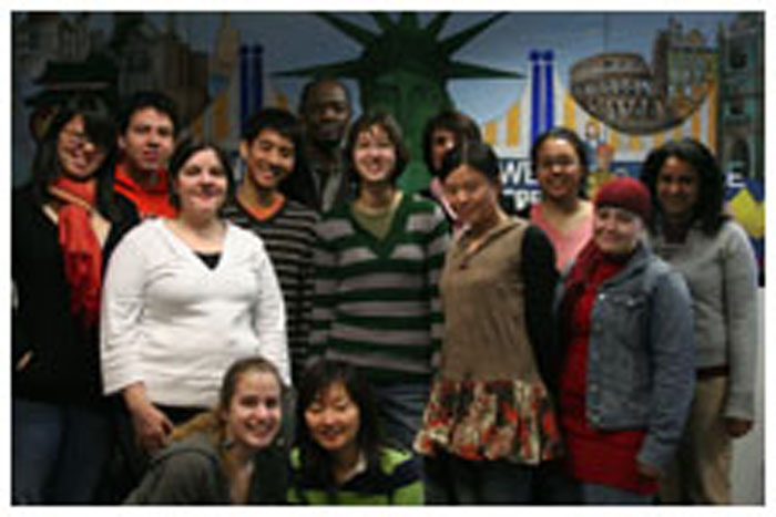 Students who joined a Breakout group to the International Institute of New Jersey (IINJ), in Jersey City, N.J., filmed a publicity video that highlighted the Institute's work with refugees. Standing, left to right, are Joy Li '11, Juan Farfan '11, Sue Aza