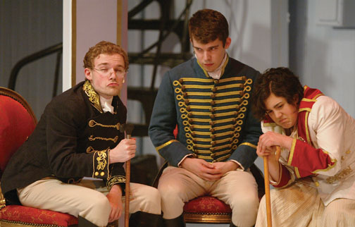 In a scene from “Eugene Onegin” are, from left, Giovine, Ryan Serrano ’12, and Sarah Bluher ’13.
