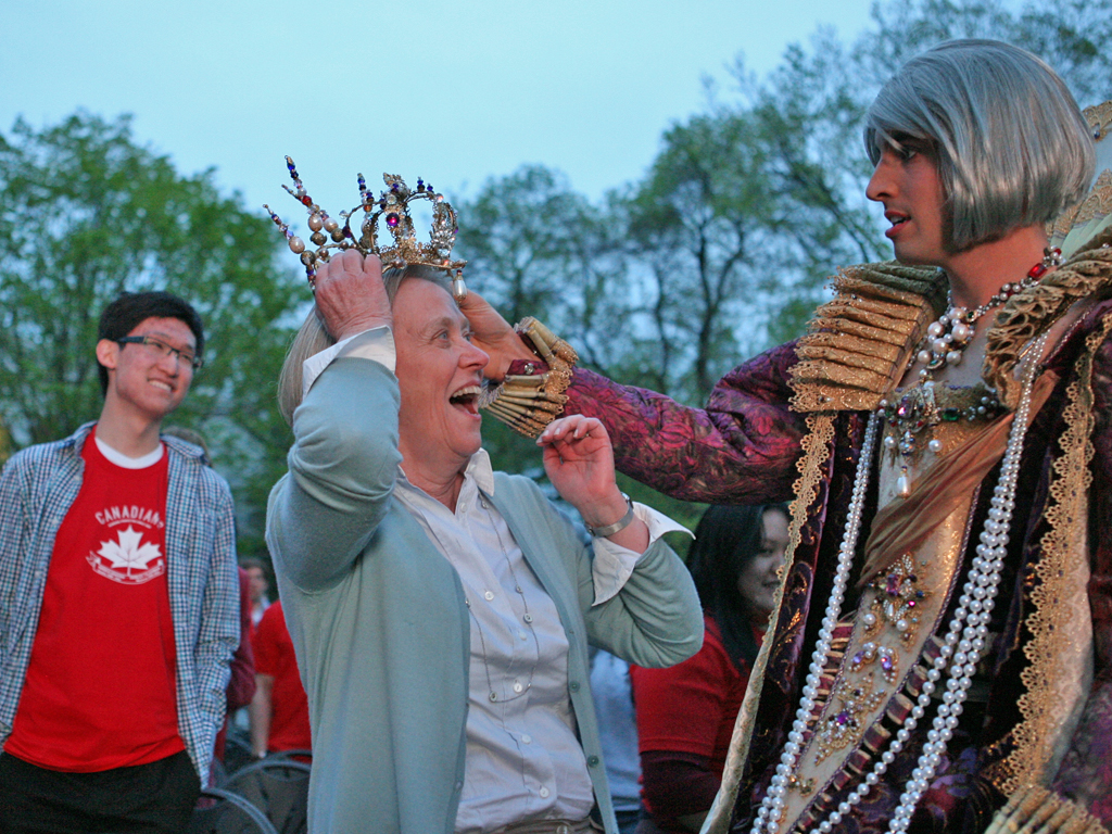 After the show, President Tilghman tries on Queen Tilghman's crown.