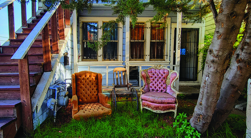 Chairs on a front lawn in Oakland, CA.
