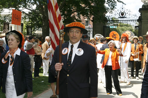 P-rade marshal Charles Plohn ’66 prepares for the start of the procession; President Tilghman is at right, in front of the Princeton University Band.