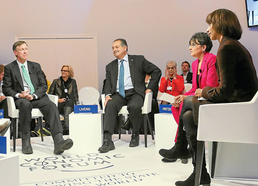 Woodrow Wilson School Dean Cecilia Rouse (right) participates in a panel at the World Economic Forum in Davos, Switzerland, with (from left) Colorado Gov. John Hickenlooper, Dow Chemical Co. CEO Andrew Liveris, and U.S. Secretary of Commerce Penny Pritzke