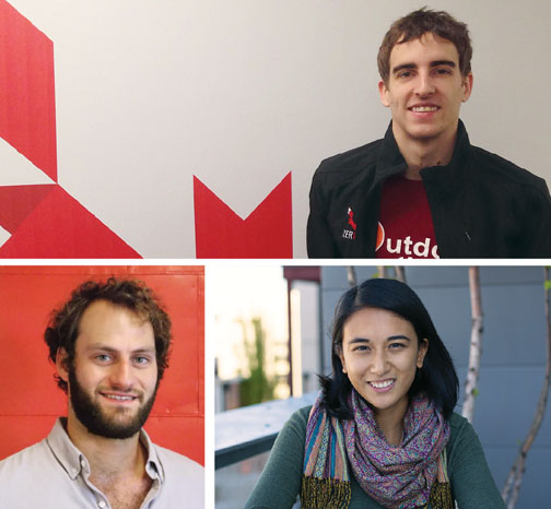 Clockwise from top: Wesley Verne ’13, at ZeroFOX in Baltimore; Eleanor Meegoda ’12, at Detroit Venture Partners; Ben Goldstein ’13, at Betaspring in Providence, R.I.