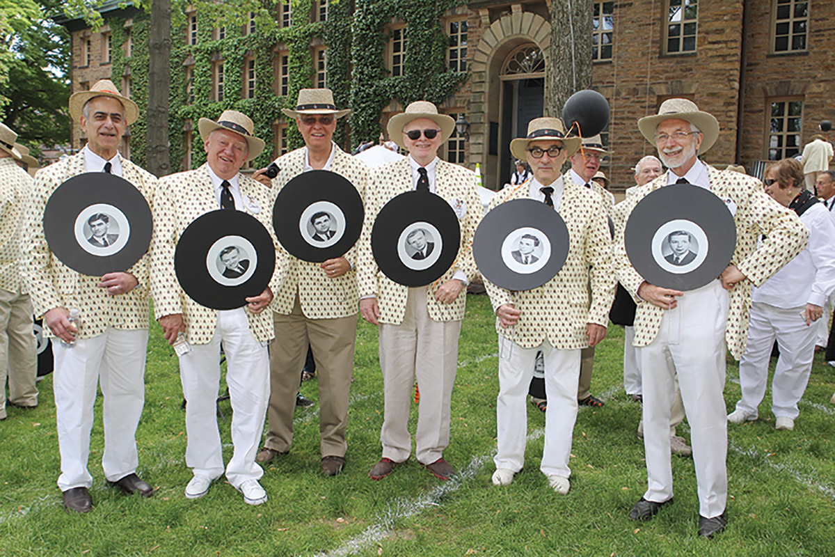 From left, ’64 reuners: Rich Kalyn, Chuck Schomann, Larry Greenfield, Dennis Horn, Harvey Plasse, and Mike Gervers at Reunions 2009.