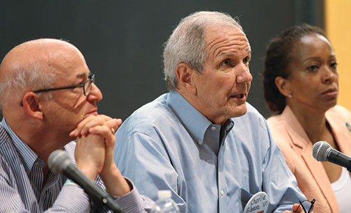 From left: Peter Elkind &rsquo;80, Charles Gibson &rsquo;65, and Camille Hackney &rsquo;90