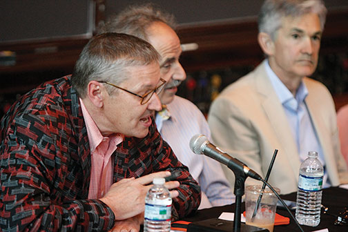 From left: Gregory Mankiw &rsquo;80, Edward Golding *82, and Jerome Powell &rsquo;75 