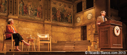 Shirley Tilghman and Chris Eisgruber ’83, at left, shared the stage at Richardson Auditorium for the president’s annual Reunions talk with ­alumni. The conversation was “both sweet and a little sad for me,” Tilghman said. Opposite page, left: Til