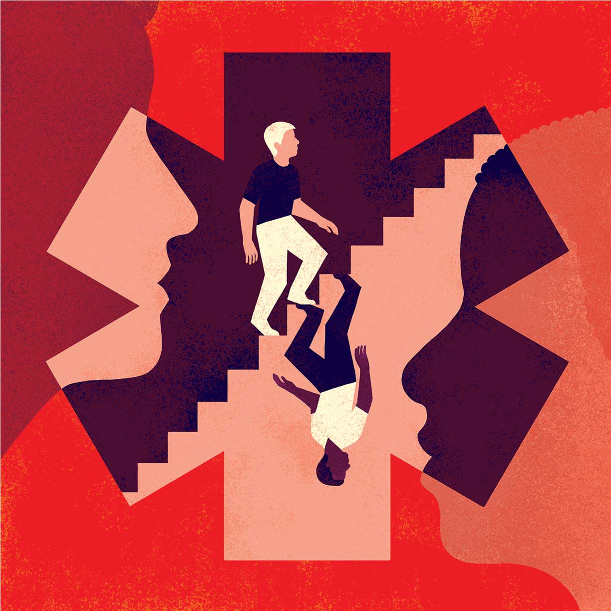 This is an illustration in red, pink and purple, with a white figure and a parallel Black figure climbing stairs in opposite directions.