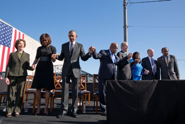 Rep. Terri Sewell â86, third from right, took part in the March 7 Selma commemoration with President Barack Obama and former President George W. Bush. (Official White House Photo by Pete Souza)