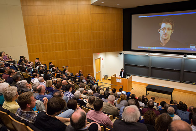 Edward Snowden, on video screen, spoke at a May 2 event moderated by Barton Gellman â82. (Tori Sulewski)