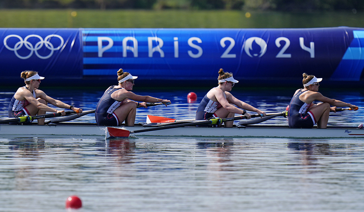 From left, Emily Kallfelz ’19, Kelsey Reelick ’14, Daisy Mazzio-Manson, and Kate Knifton of the Unites States compete in women’s four during the Paris 2024 Olympic Summer Games at Vaires-sur-Marne Nautical Stadium.