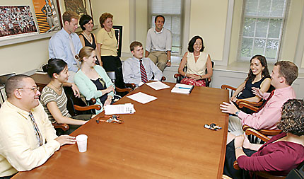 2003: Longtime admission dean Fred Hargadon retires, and new dean Janet Rapelye, pictured at head of table, arrives to take the post, becoming the first woman to hold the top admission job at Princeton. In the span of eight years, Rapelye and her colleagu