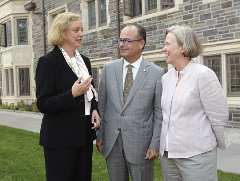2007: Whitman College opens, providing a new collection of collegiate Gothic views and ushering in Princeton’s four-year residential colleges. Pictured, from left, are donor Meg Whitman '77, architect Demetri Porphyrios *80, and Tilghman. In November, t