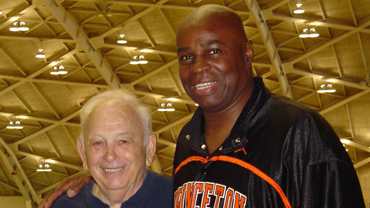 Brian Taylor ’84 with Pete Carril during a recent visit to Jadwin Gym.
