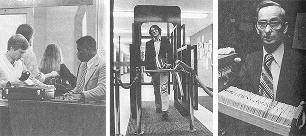 Images from PAWâs 1978 story on theft at Princeton libraries, from left: A library guard served as âa reminder to be honestâ; new security measures included electronic scanners; librarian Peter Cziffra shows tabs in the card catalog that in